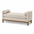 Beige Linen Bench with Armrest Bolsters and Solid Wood Base