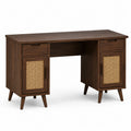 Rectangular Wood Desk with Cane Doors and Drawers, 120 x 45 x 75 cm, Brown and Natural