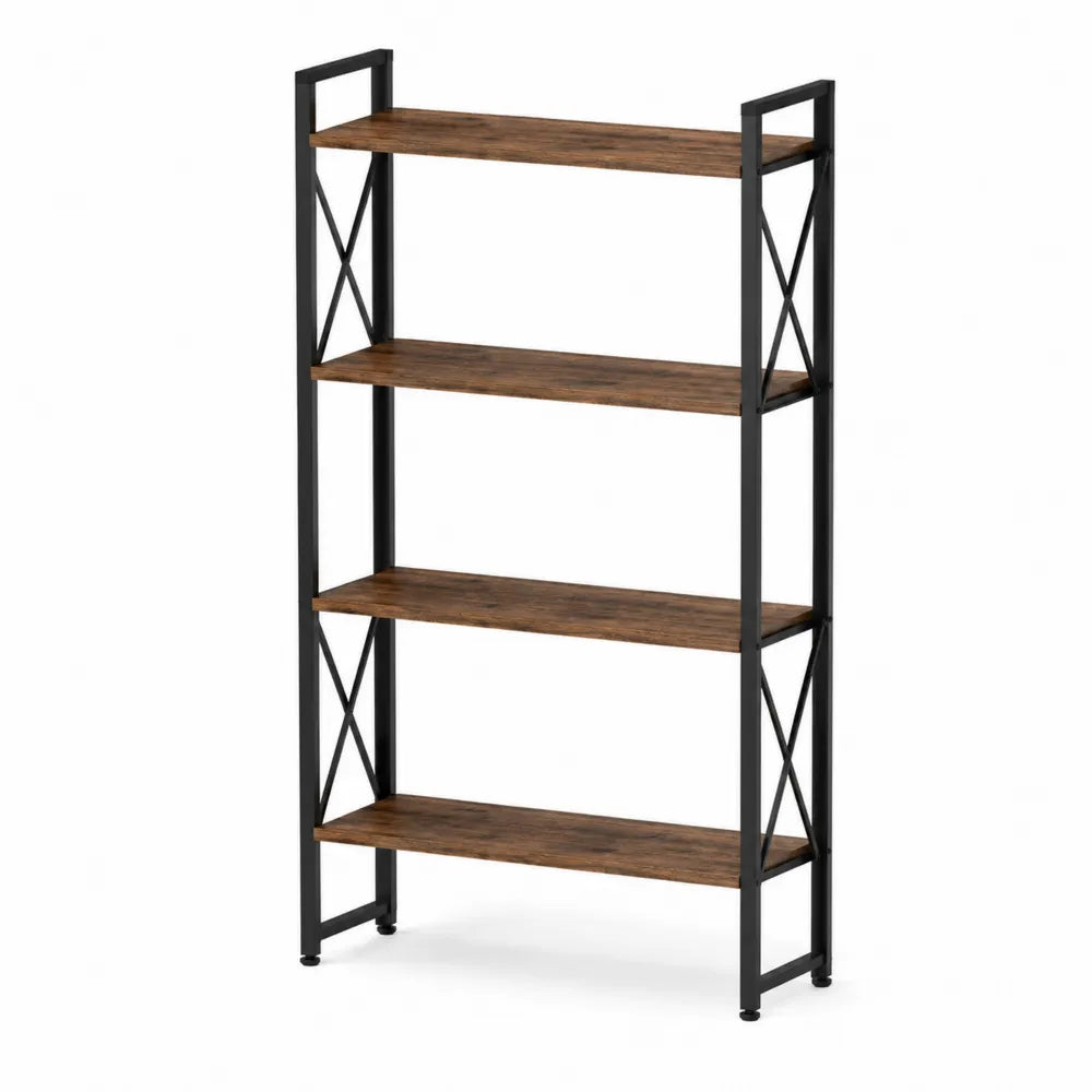 4-Tier Metal and Wood Bookshelf Brown and Black 120cm x 60cm x 30cm