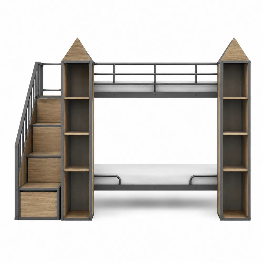 Bunk Bed with Metal Frame and MDF Oak Shelves Castle Shape Twin Size