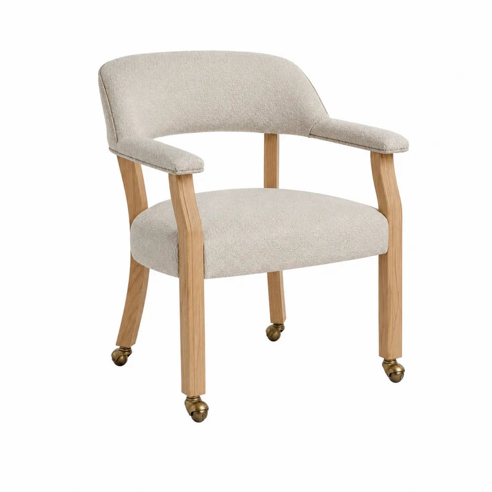 Oak Frame Chair with Beige Polyester Upholstery and Casters