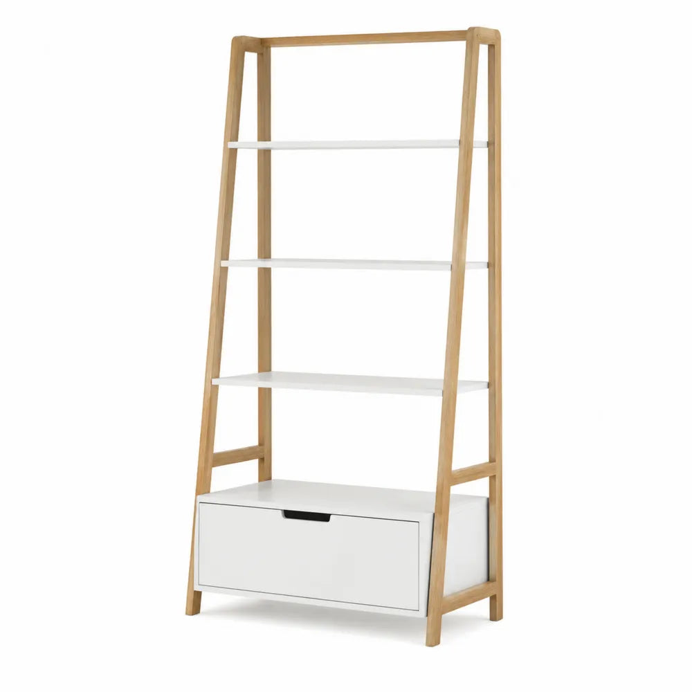 Wood Frame Ladder Bookshelf with White Shelves and Drawer 180cm