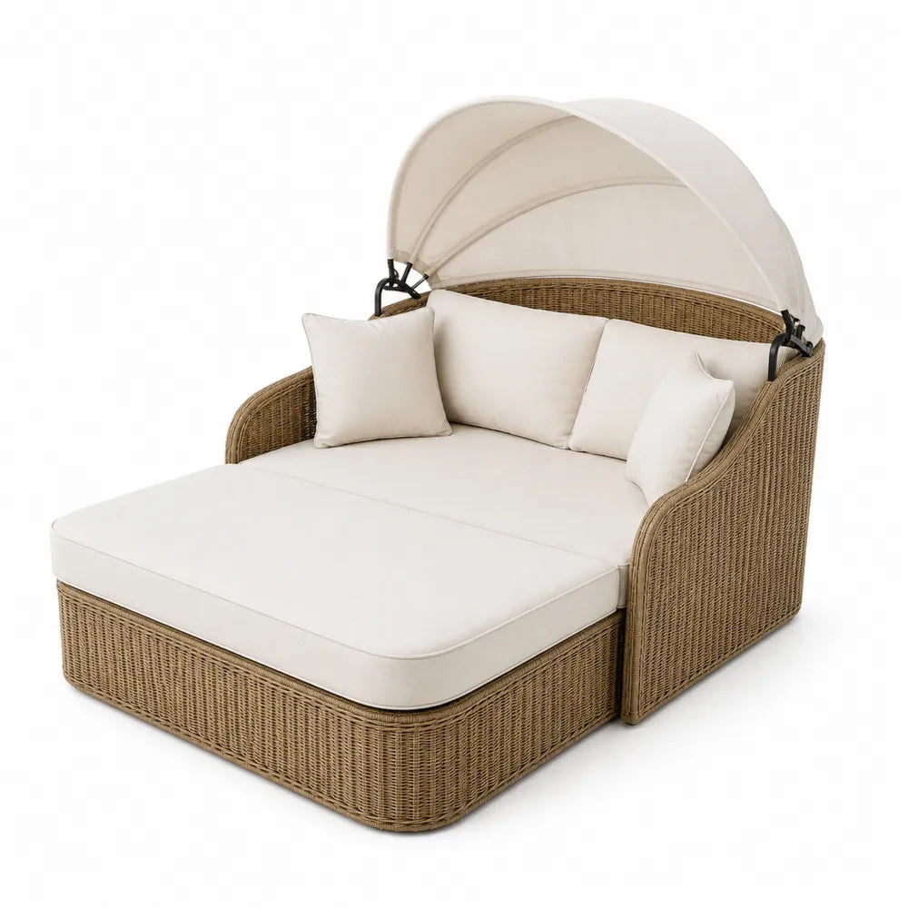 Outdoor Wicker Rattan Daybed with Canopy and Beige Cushions 140cm
