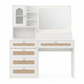 White MDF Vanity Desk with Mirror and Rattan Storage