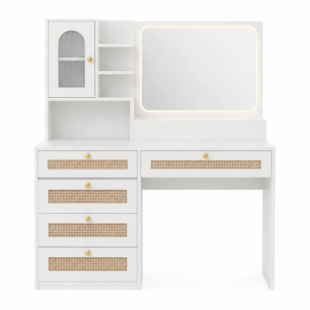 White MDF Vanity Desk with Mirror and Rattan Storage