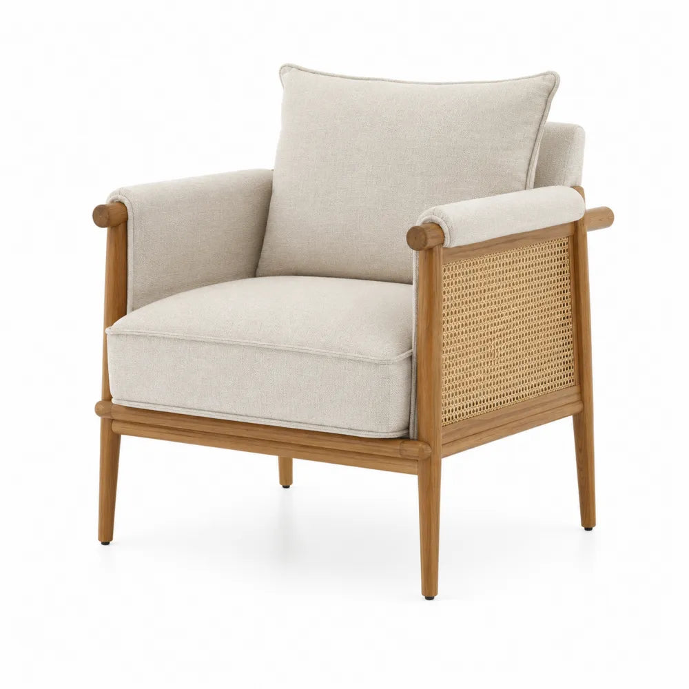 Teak Lounge Chair with Beige Fabric and Rattan Back