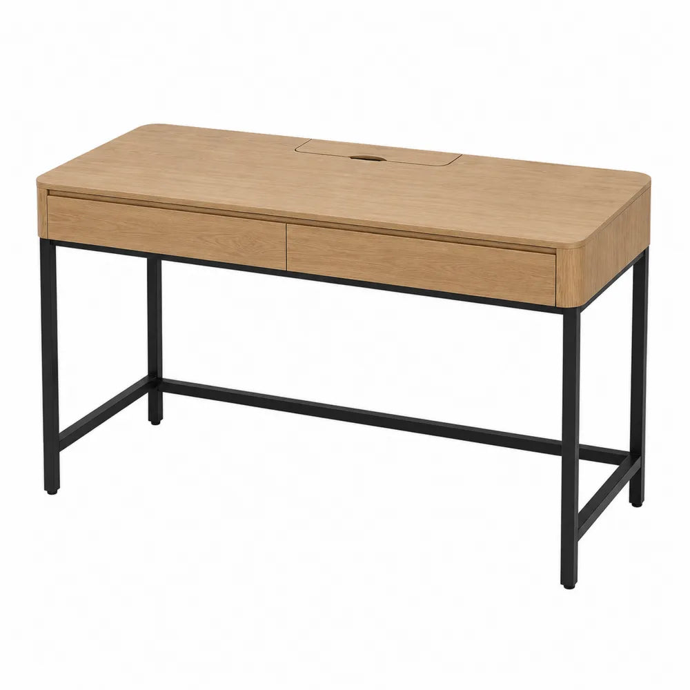 Oak Veneer Desk with Metal Frame and Drawers