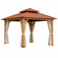 Wood Gazebo with Double-Tier Steel Roof and Beige Polyester Curtains 300cm x 300cm