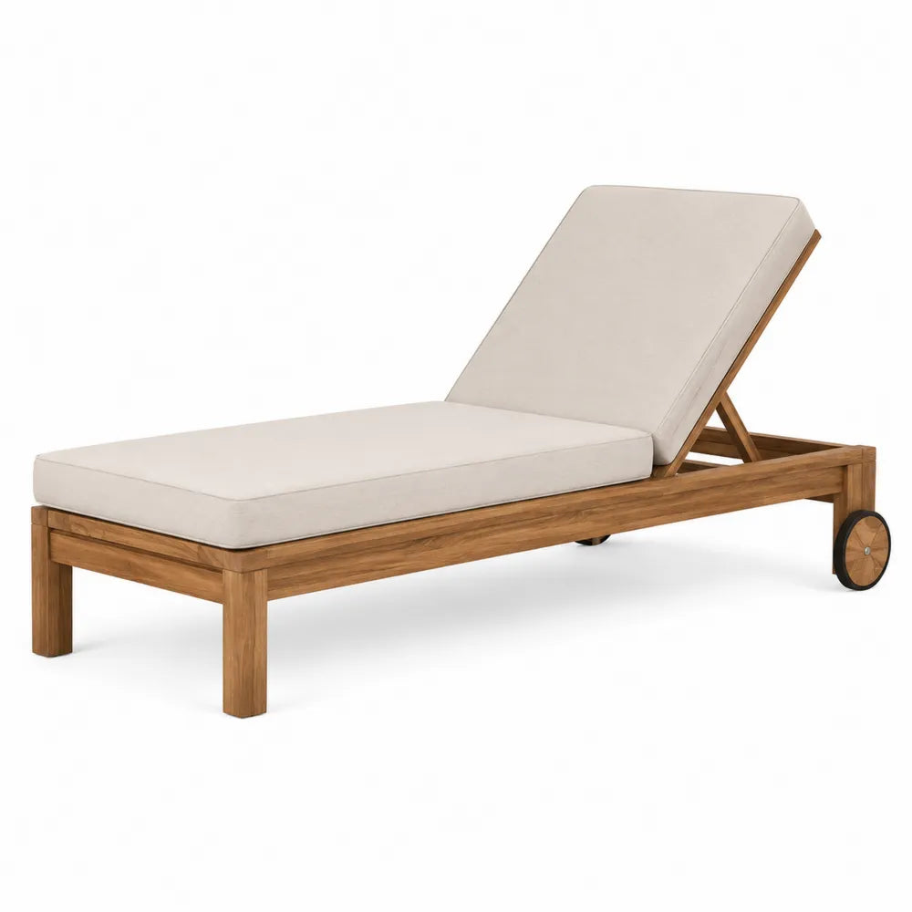 Teak Wood Outdoor Adjustable Chaise Lounge with Beige Cushions 200cm