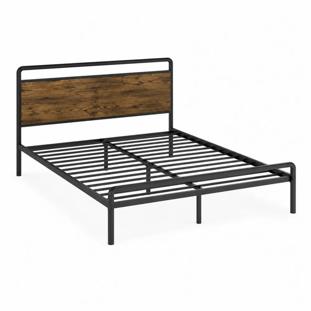 Metal Frame Platform Bed with Solid Wood Headboard - Black and Brown - 200cm x 150cm