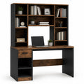 Engineered Wood and Metal Desk with Hutch, Shelves, and Drawer 140x60x150cm