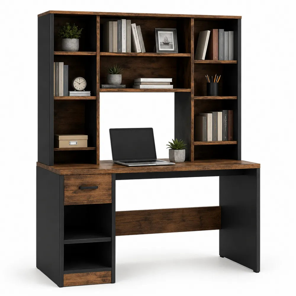 Engineered Wood and Metal Desk with Hutch, Shelves, and Drawer 140x60x150cm