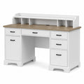 White Rectangular MDF Desk with Hutch and Multiple Drawers