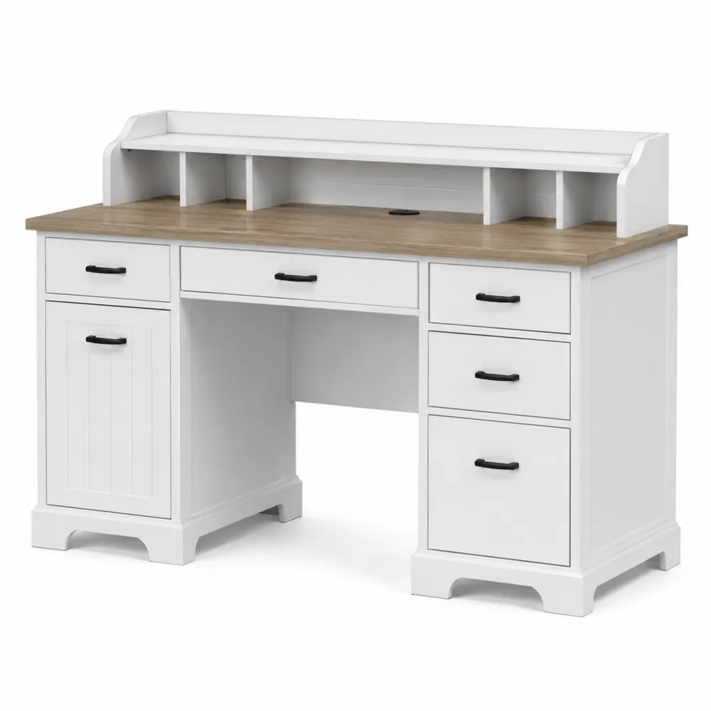 White Rectangular MDF Desk with Hutch and Multiple Drawers