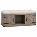 Wooden Upholstered Storage Bench with Two Doors and Open Shelf