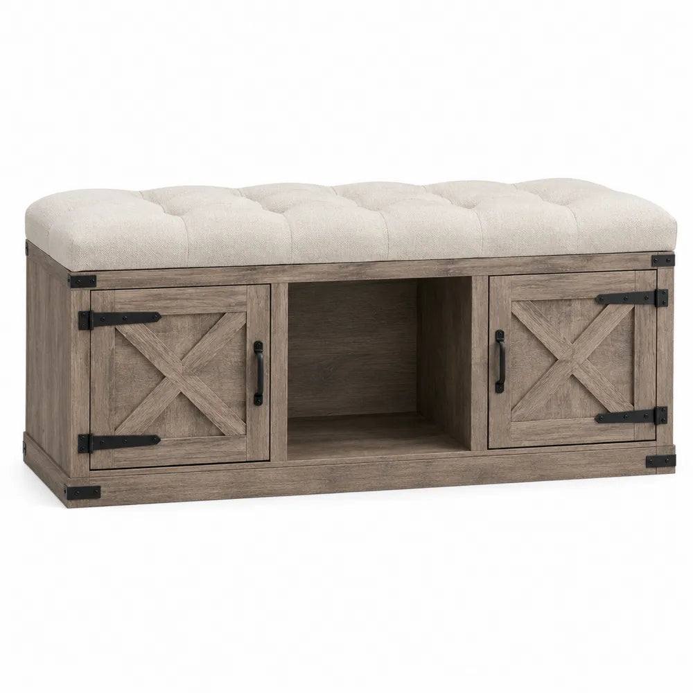 Wooden Upholstered Storage Bench with Two Doors and Open Shelf