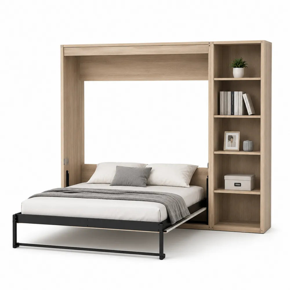 Wood Wall Bed with Bookshelf and Steel Frame - Full Size