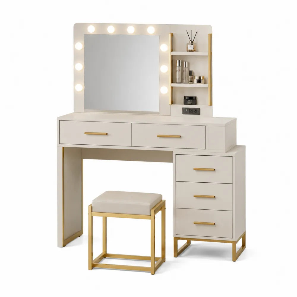 MDF Beige and Gold Vanity Table Set with Mirror Lights and Drawers