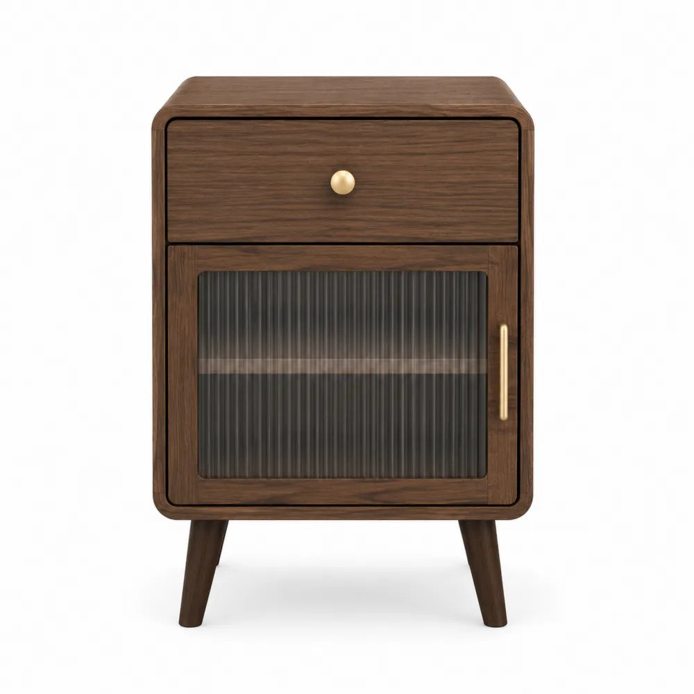 Wooden Nightstand with Drawer and Ribbed Glass Door Brown