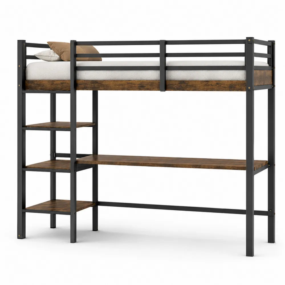 Metal Frame Loft Bed with Wood Shelving and Desk