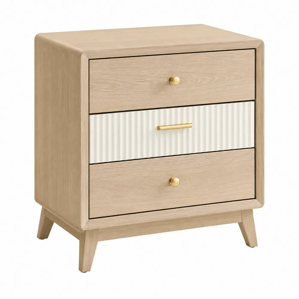 Wood Nightstand with 3 Drawers and Ribbed Front Beige 60cm x 40cm x 70cm