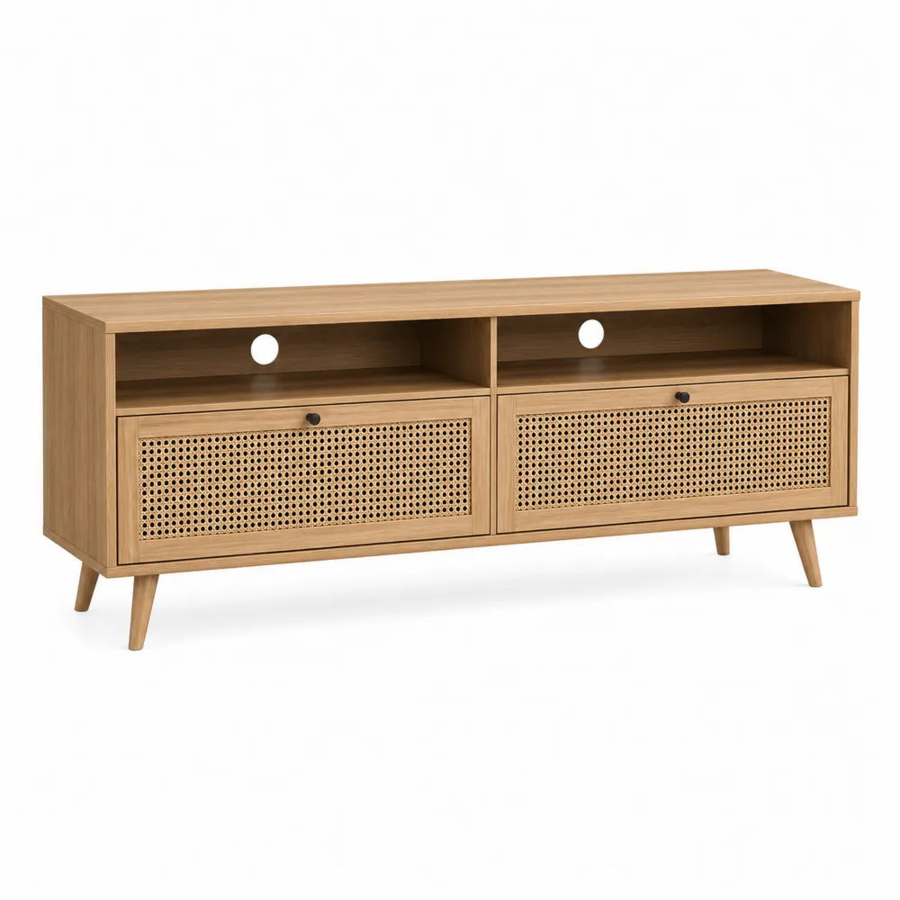 Rectangular Pine Wood TV Stand with Rattan Doors 140cm Natural