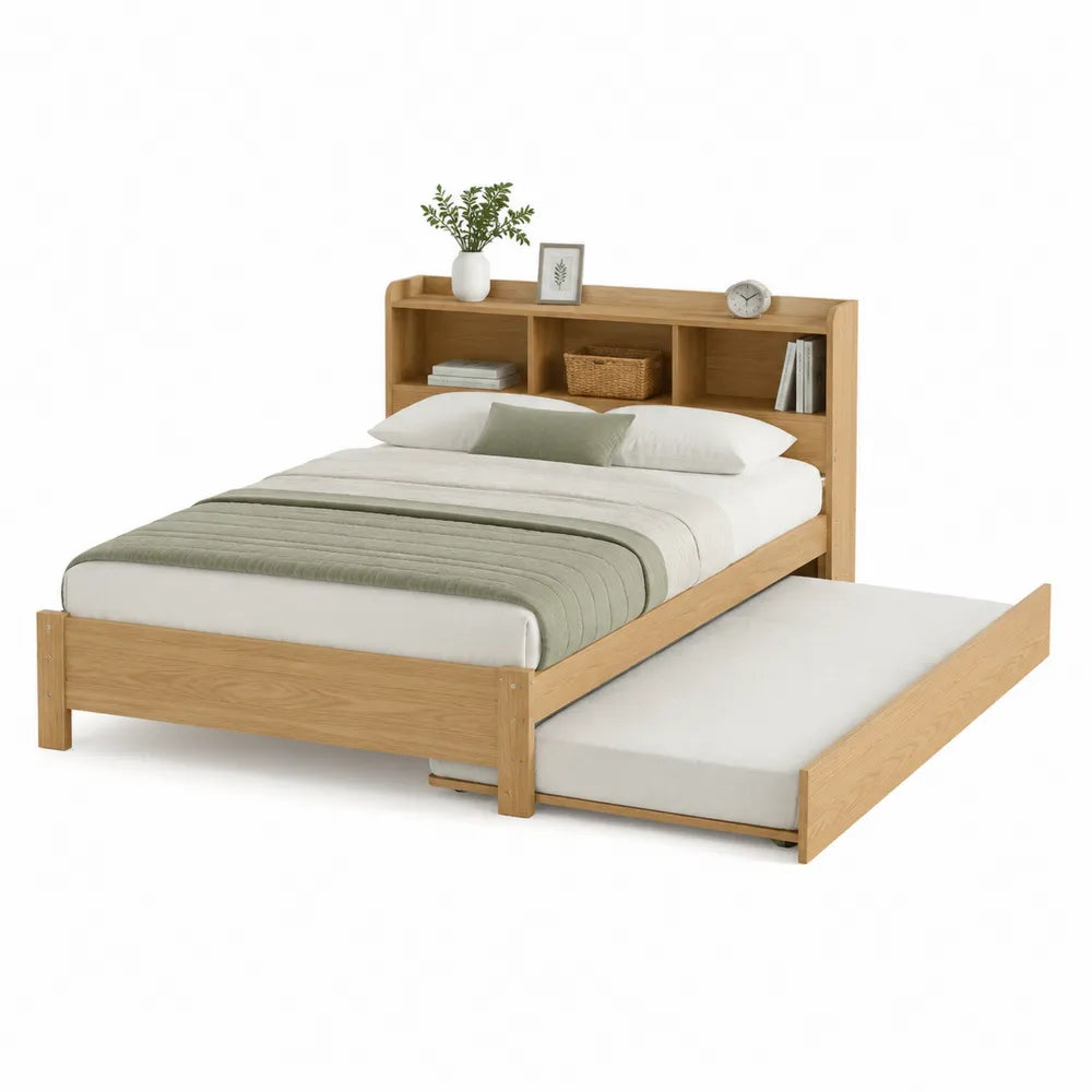 Oak Storage Bed with Trundle and Headboard Shelves 200cm x 150cm