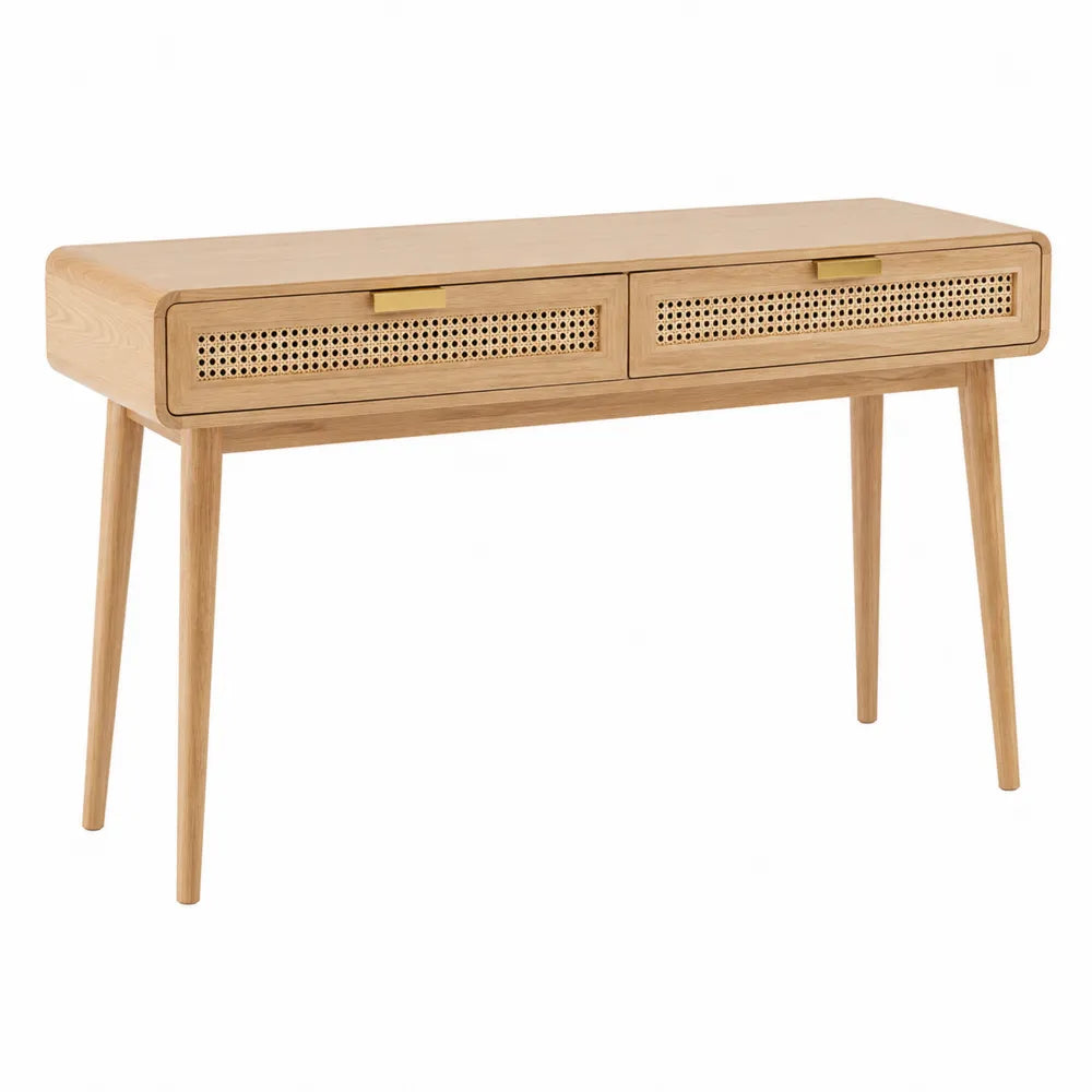 Rectangular Oak Console Table with Woven Rattan Drawers 120cm