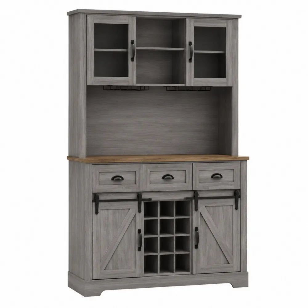 Wooden Sideboard Buffet with Hutch and Wine Rack in Gray Oak