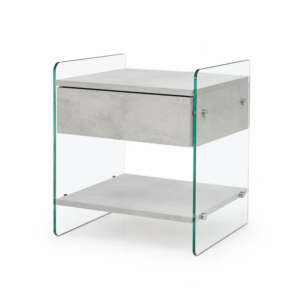 Concrete and Glass Nightstand with Drawer Grey 40x40x60 cm