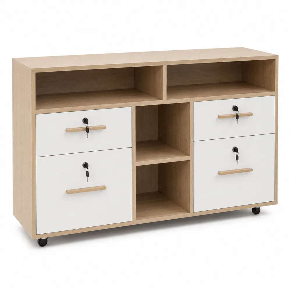 Particle Board File Cabinet with Wheels and Locks Oak/White 120cm x 35cm x 100cm
