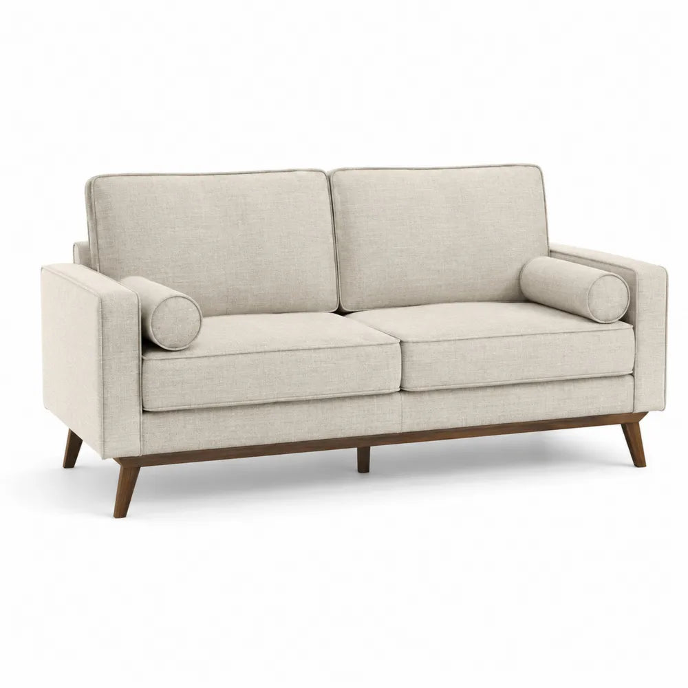 Beige Linen 3-Seater Sofa with Wood Legs