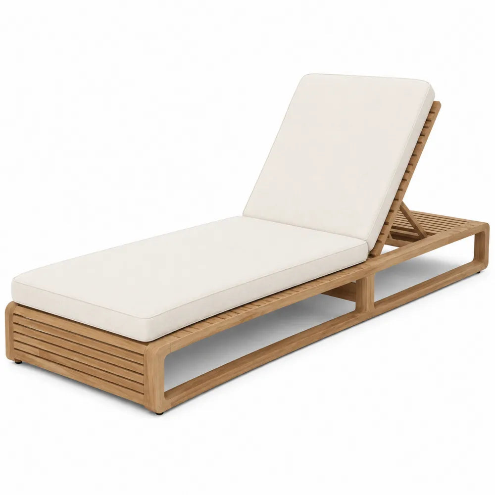Teak Outdoor Chaise Lounge with Adjustable Cream Polyester Cushions