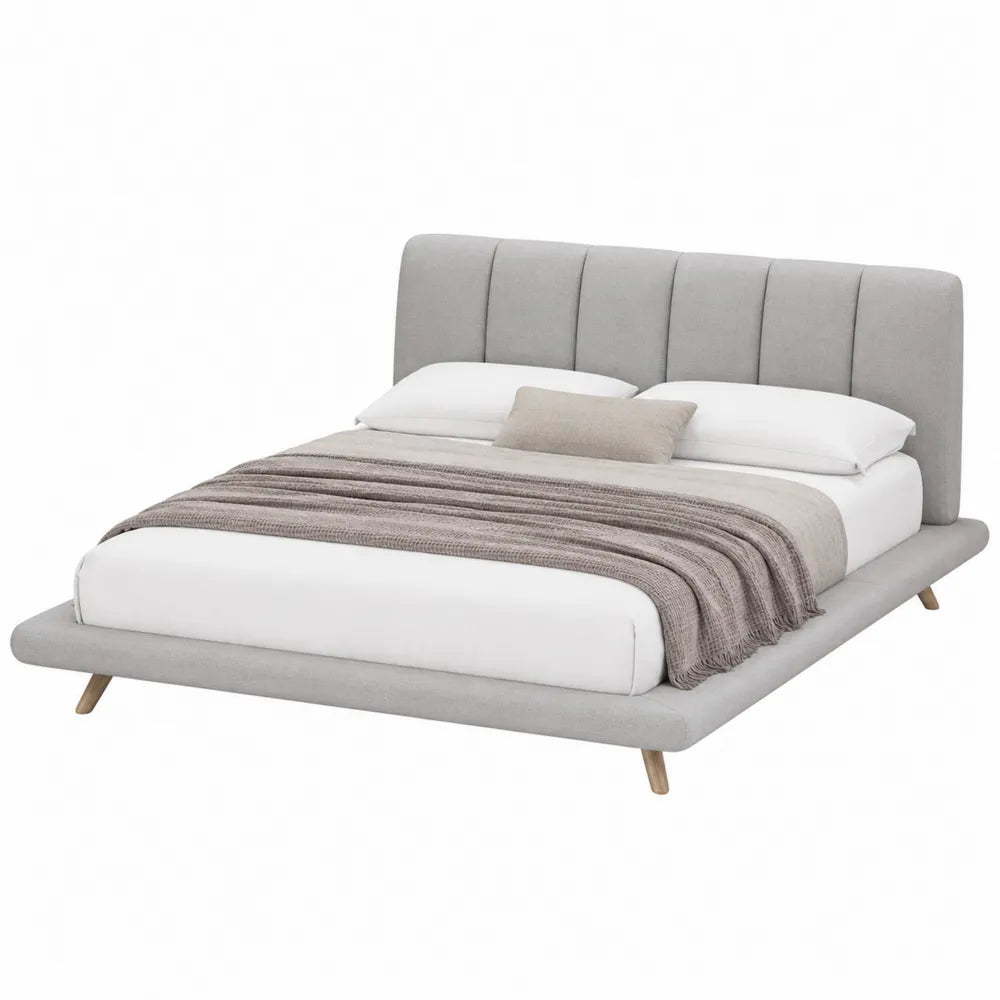 Upholstered Platform Bed Queen Size Fabric Light Grey