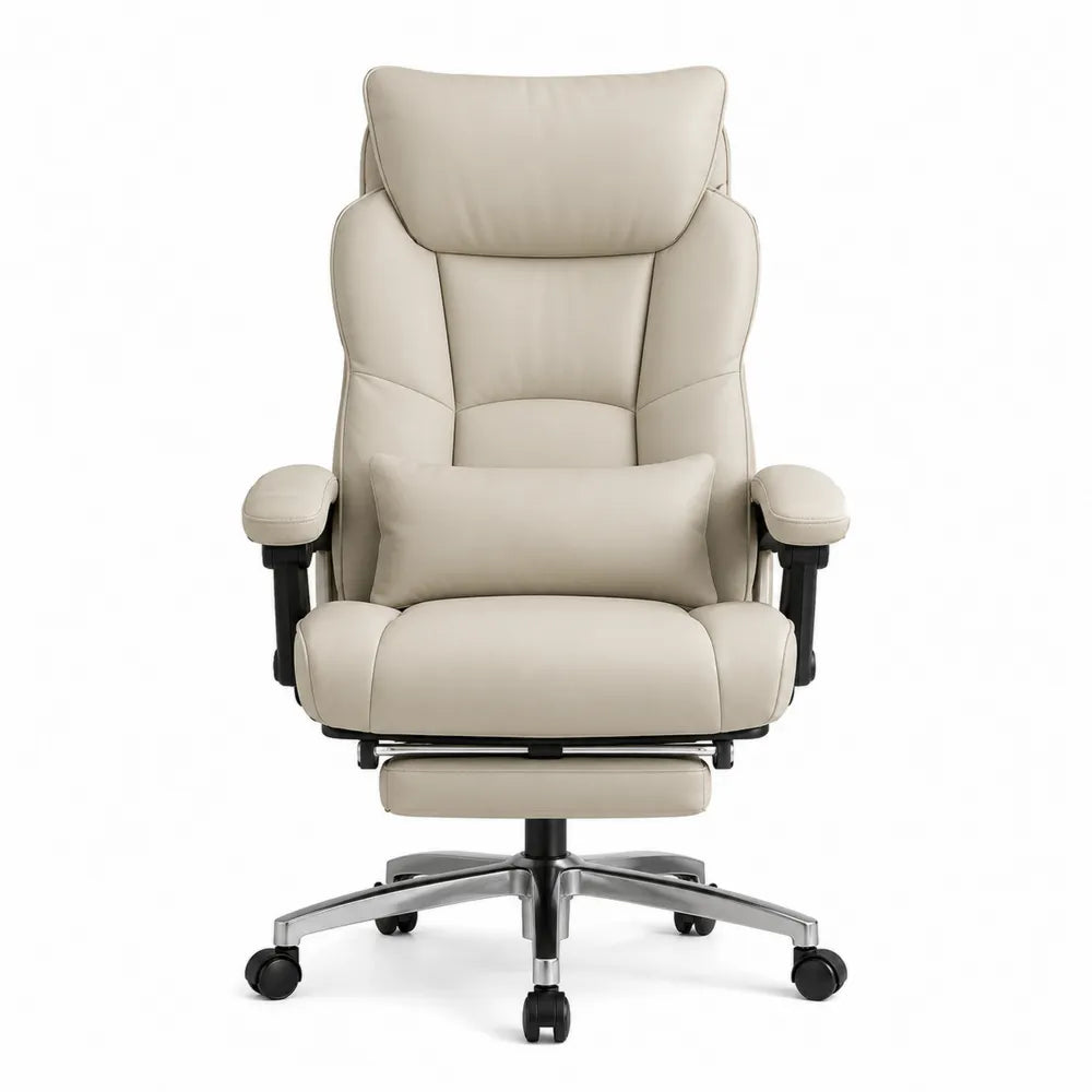 Beige PU Leather Office Chair with Footrest and Adjustable Features