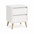 White Wood Nightstand with 2 Drawers and Oak Legs 60cm Height