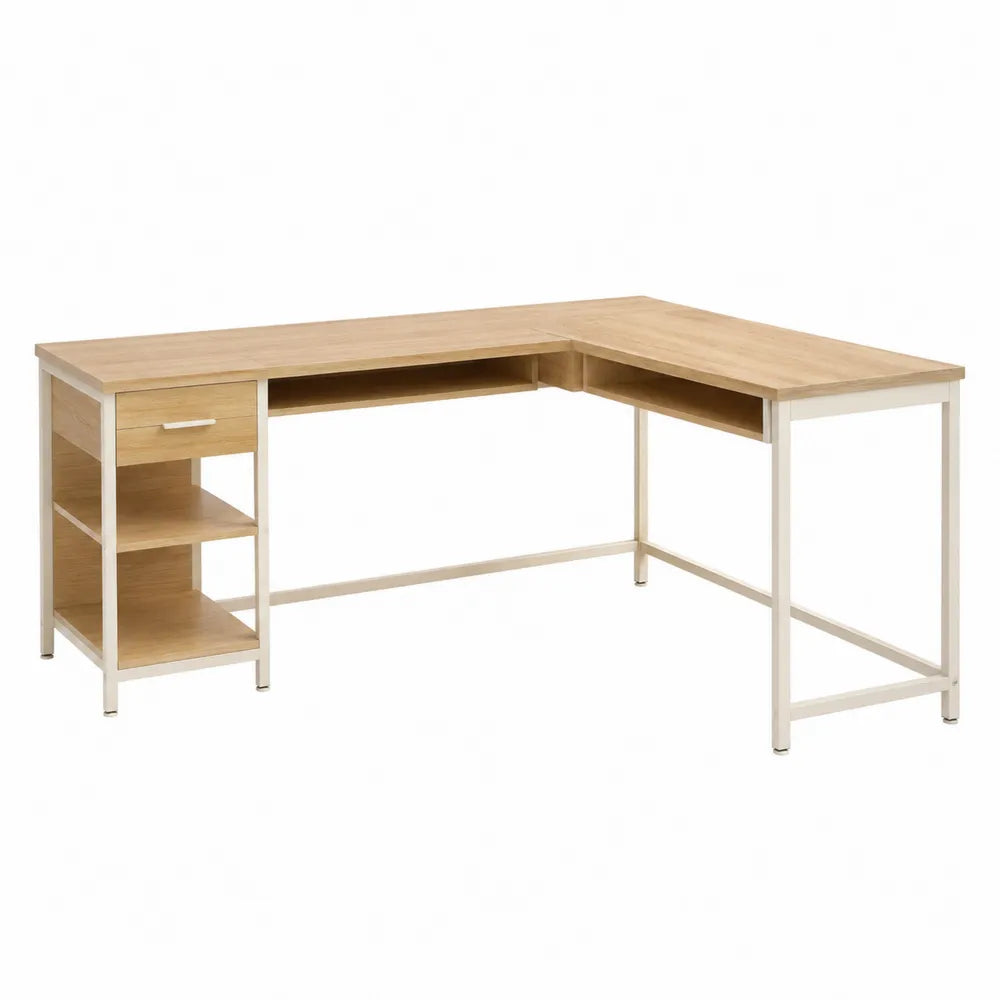 L-Shaped Particle Board and Metal Desk with Shelves and Drawer 150cm x 120cm x 75cm
