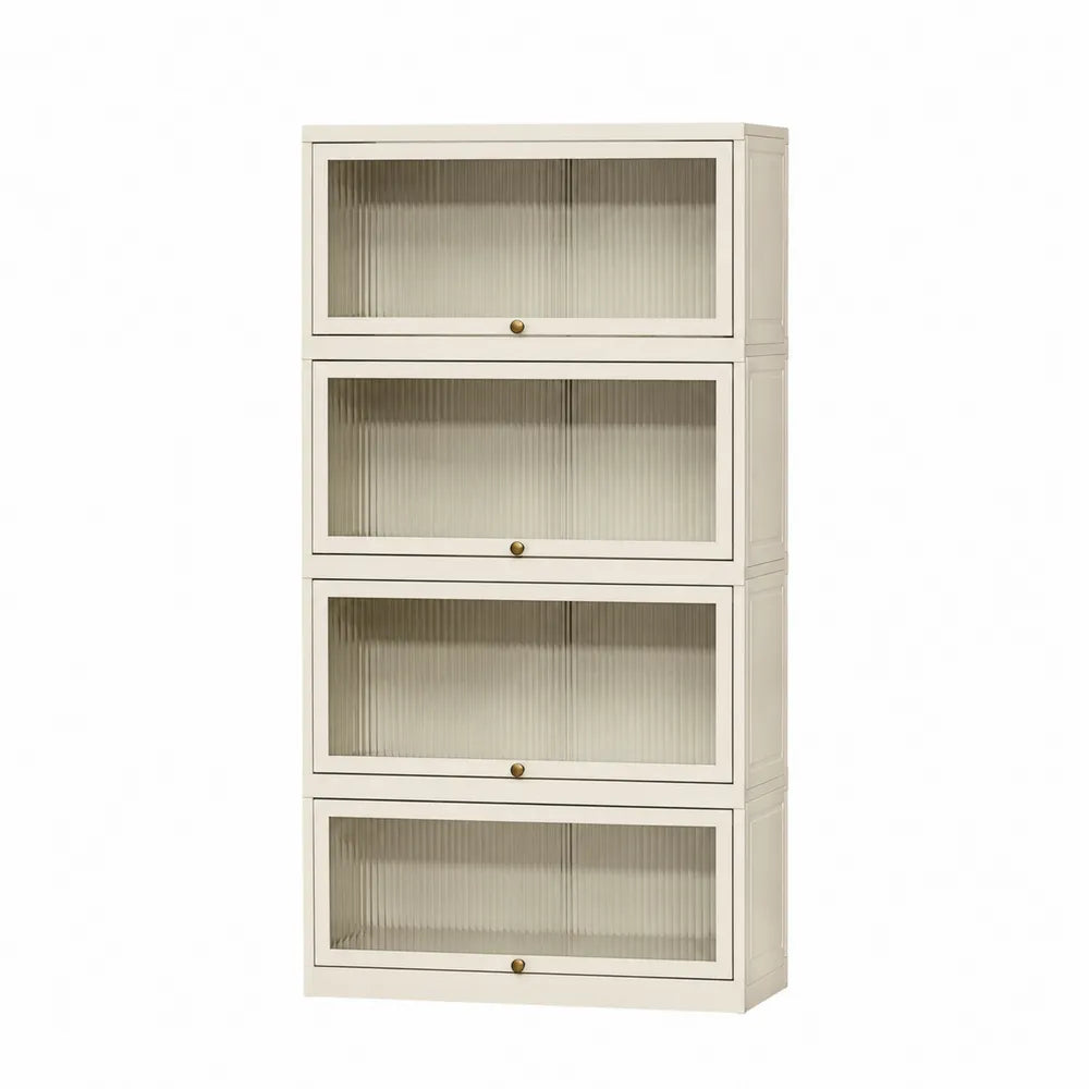4-Tier Wood Bookcase with Fluted Glass Doors Beige 180cm Height