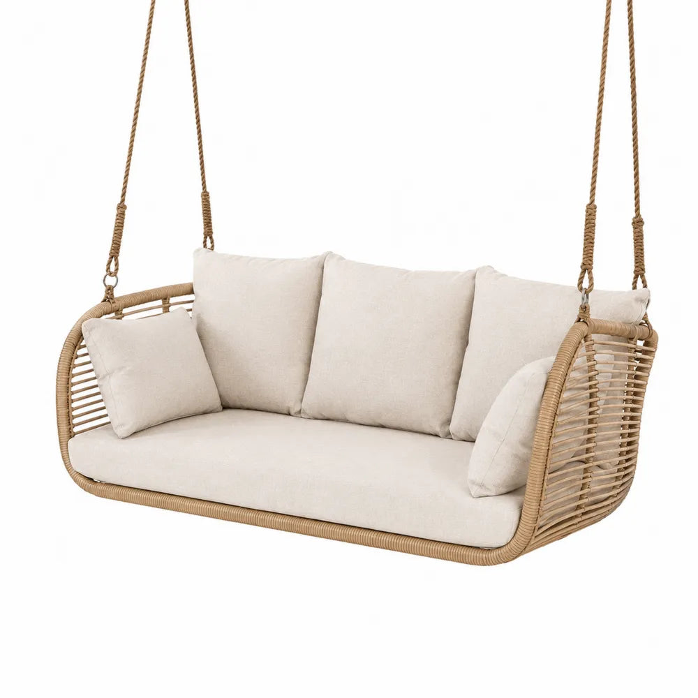 Wicker Outdoor Hanging Swing Chair with Beige Cushions