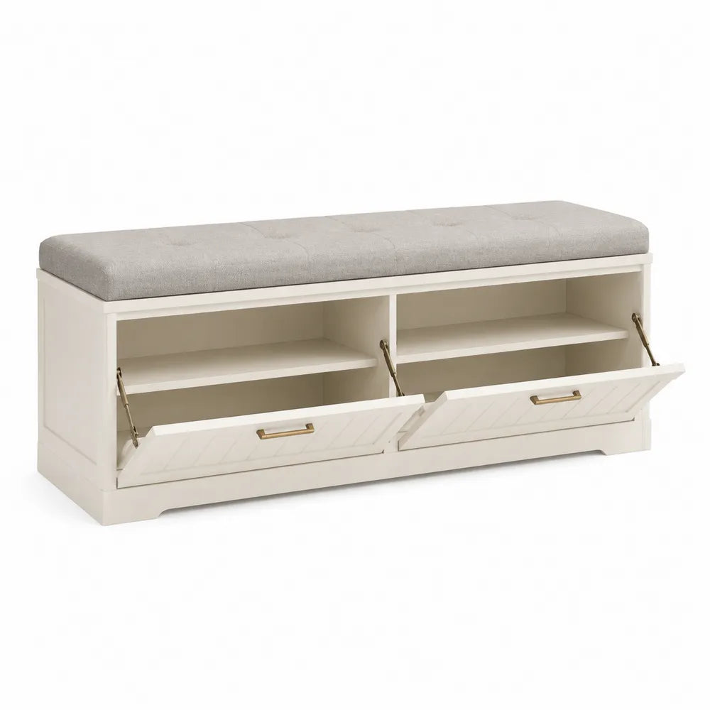 Wood Storage Bench with Upholstered Cushion in White and Grey 120x40x50 cm