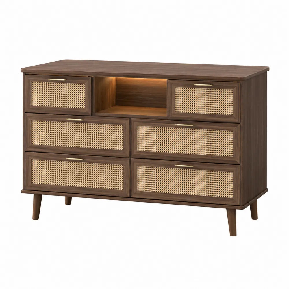 Wood Dresser with Rattan Fronts, Brown, 6-Drawer, 120cm x 80cm x 40cm