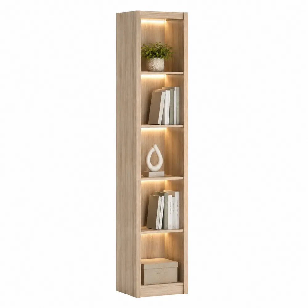 Tall Wooden Bookcase with LED Lighting Oak 180cm