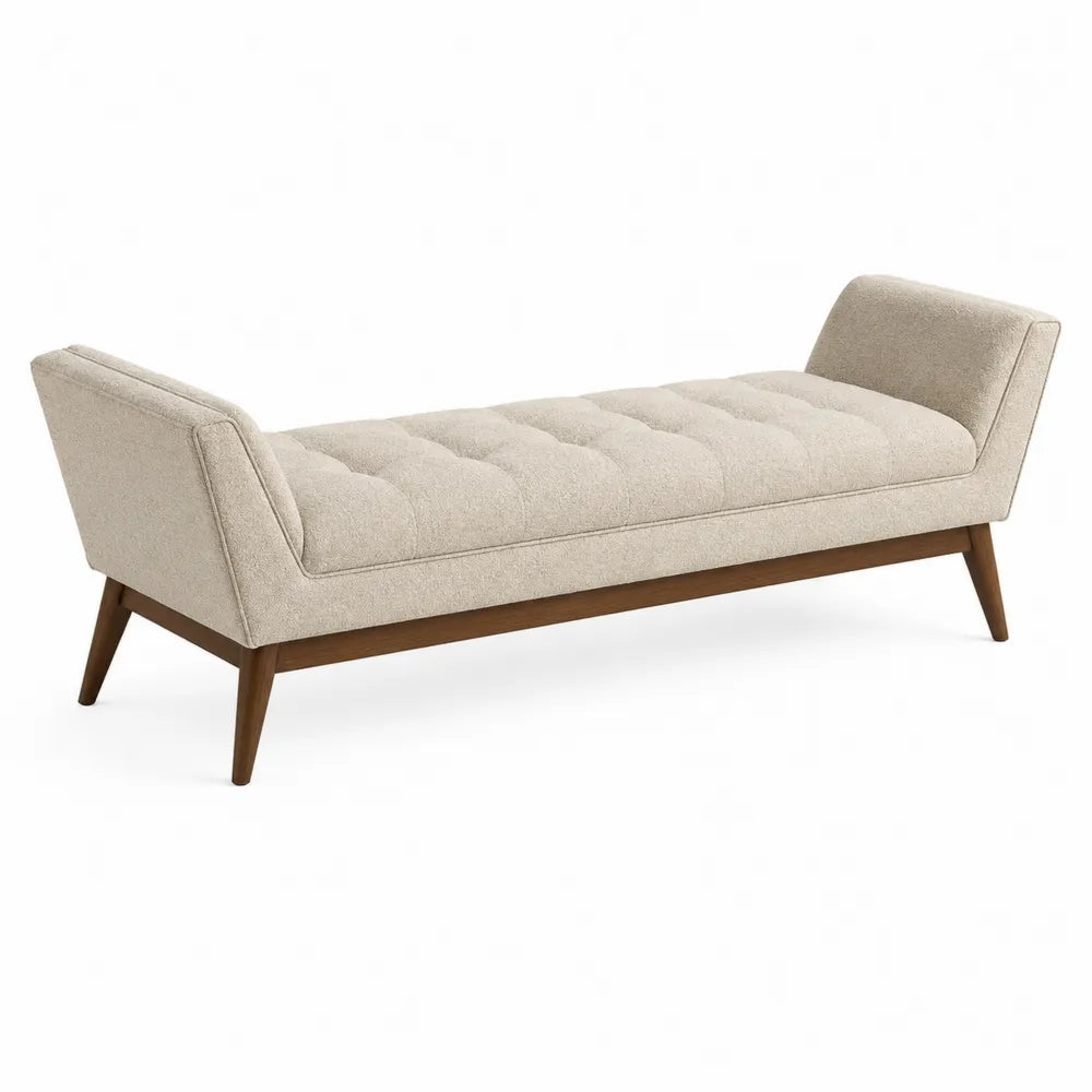 Beige Fabric Upholstered Tufted Bench with Wood Legs 150cm
