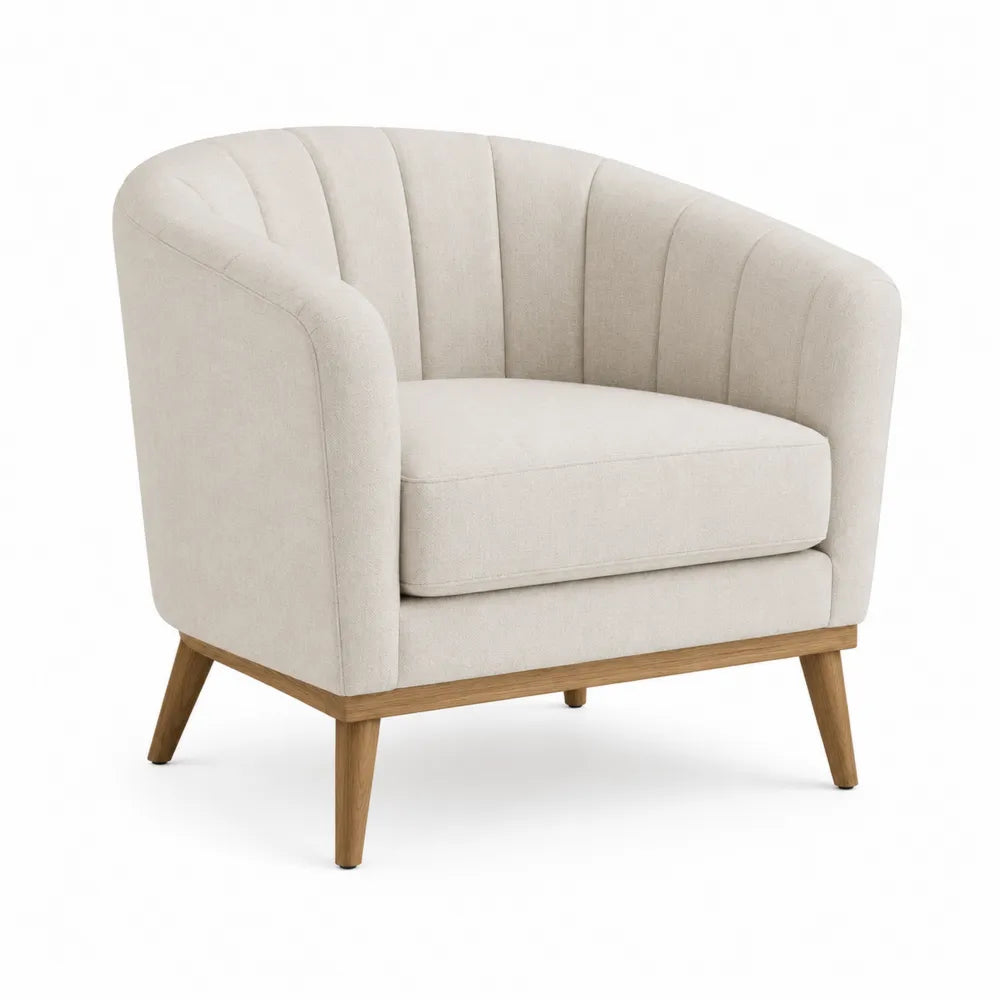 Beige Linen Barrel Chair with Oak Legs