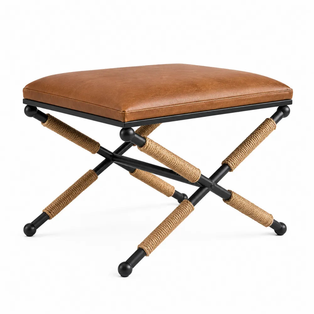 Leather Ottoman with Metal Frame and Rope Accents in Brown