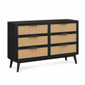 Black Wood Dresser with Rattan Drawers, 6-Drawer