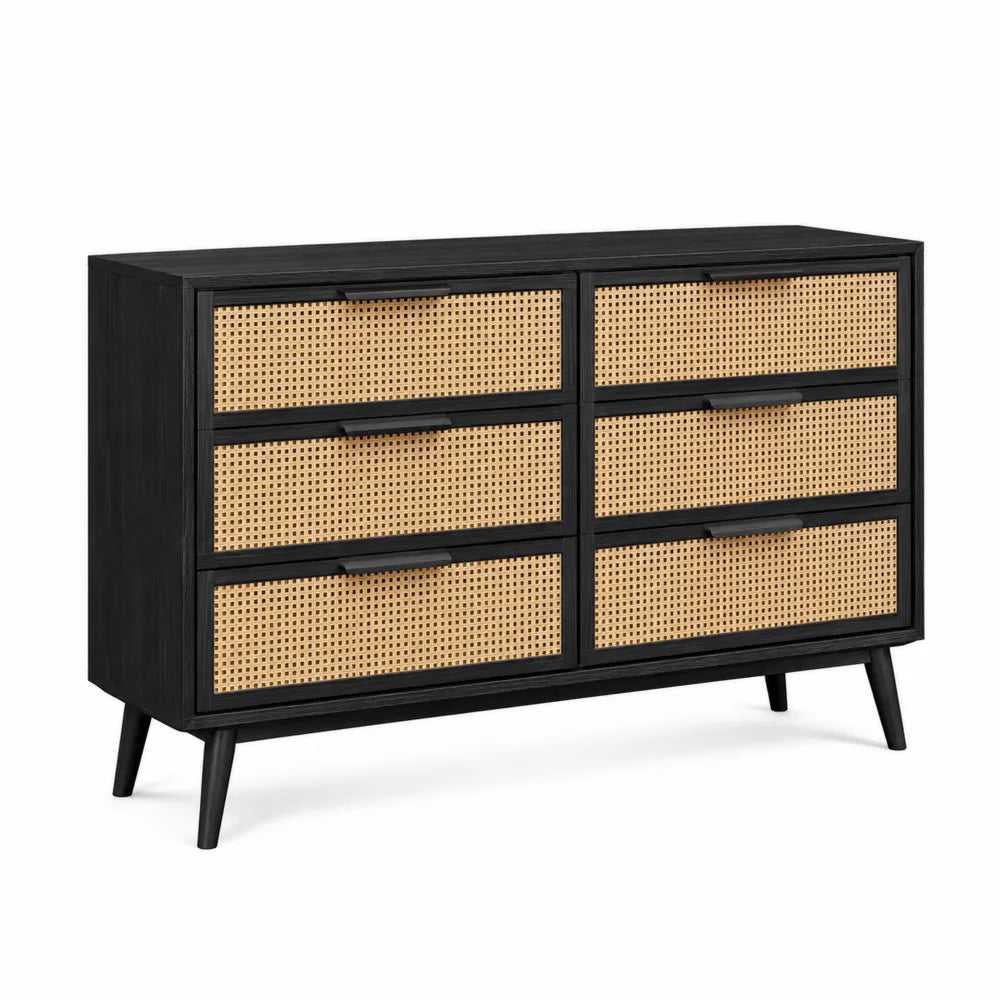 Black Wood Dresser with Rattan Drawers, 6-Drawer
