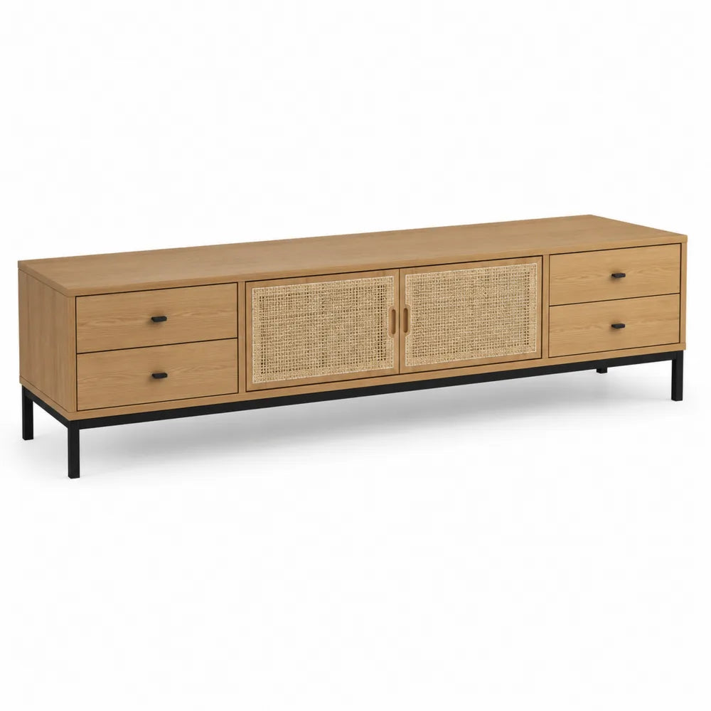 Engineered Wood TV Stand with Rattan Doors and Metal Frame 200cm