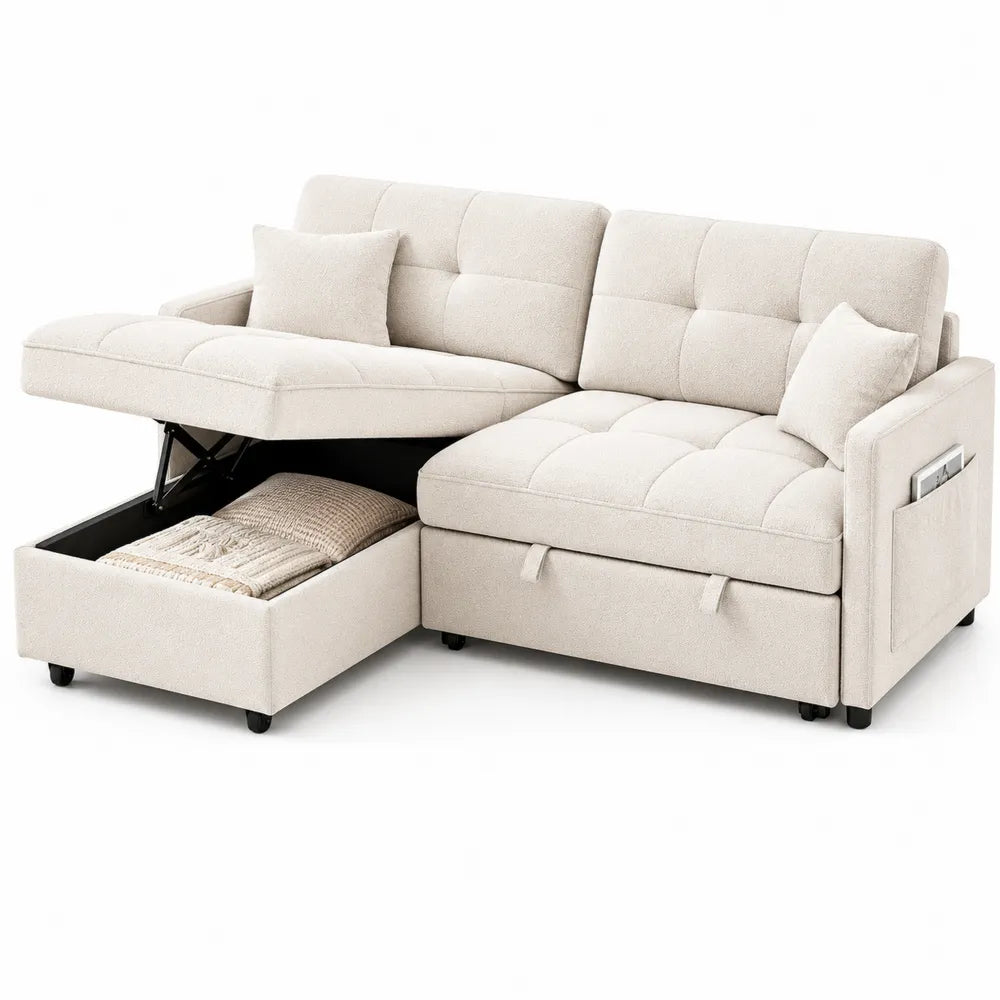 Convertible Linen Sectional Sofa with Storage Ottoman Beige