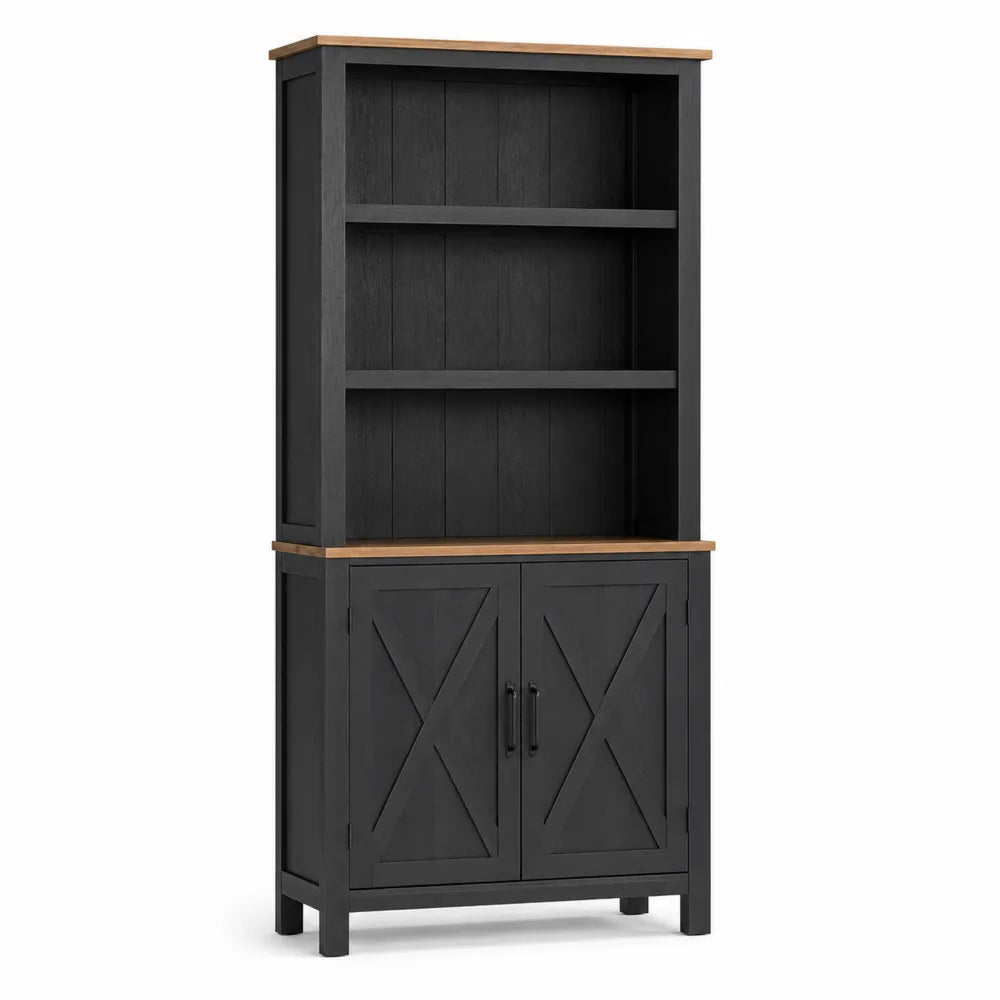 Tall Black Wooden Bookcase with Storage Cabinet 80x30x190 cm